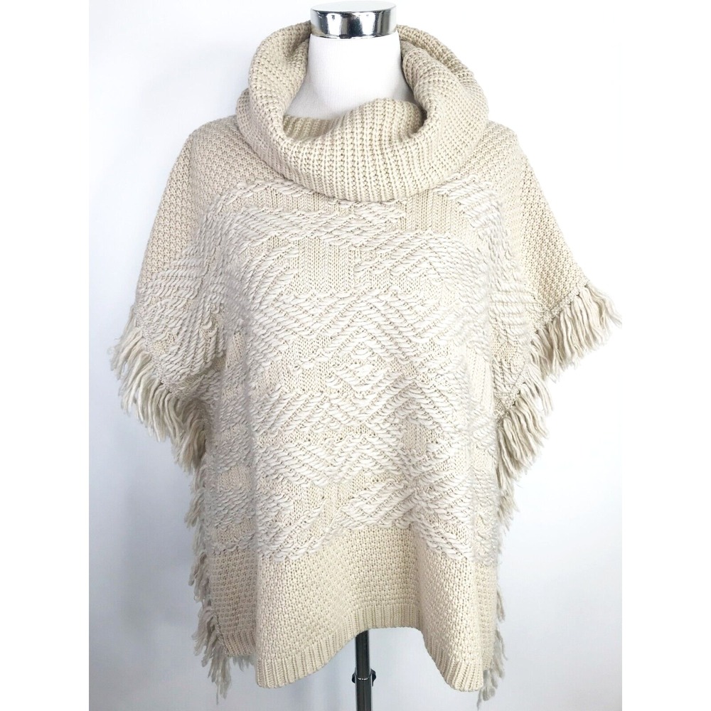 Lucky Brand Sweater Womens Medium Beige Poncho Turtleneck Textured Fringe Boho